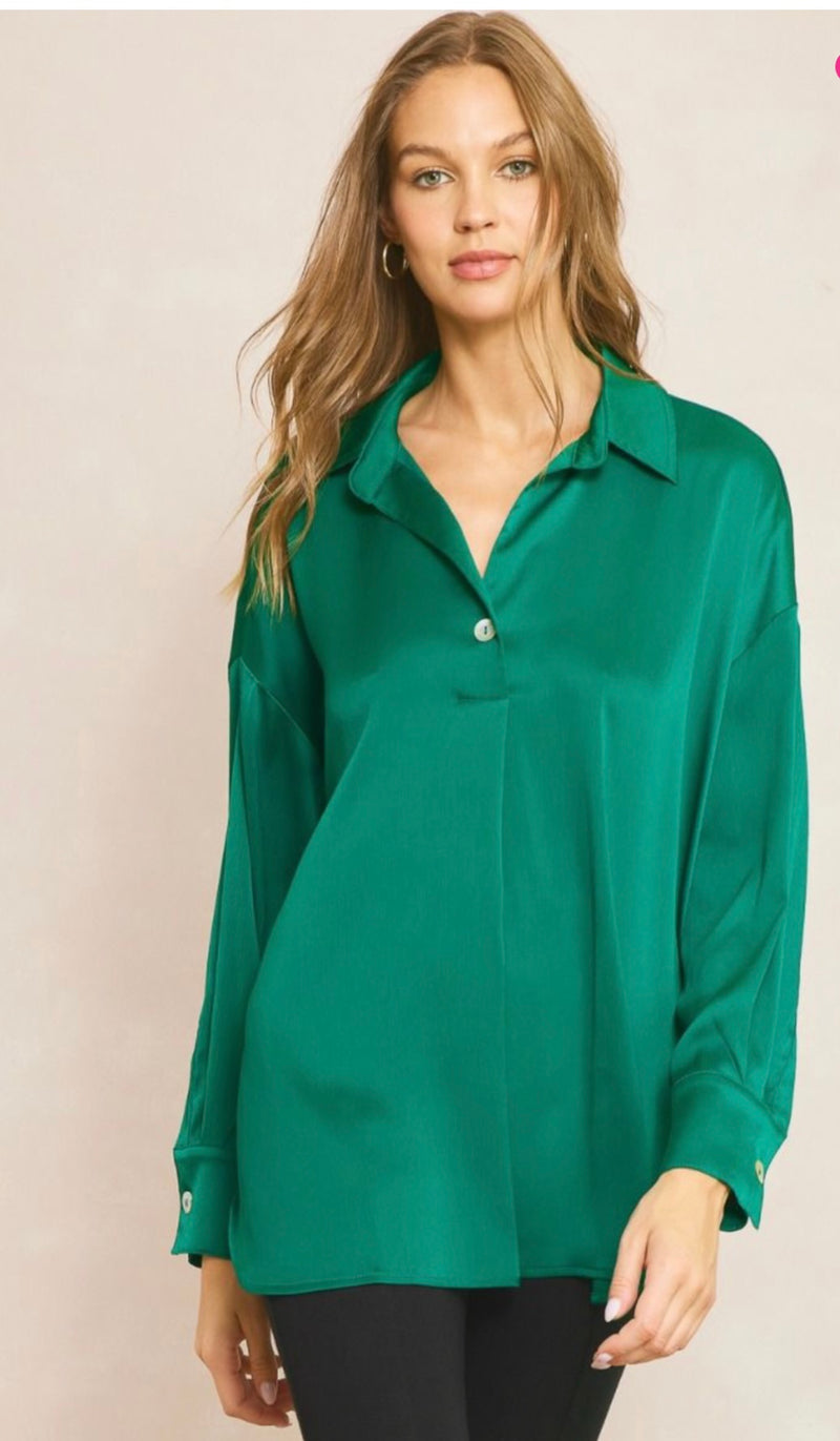 Satin long sleeve button top with cuffs