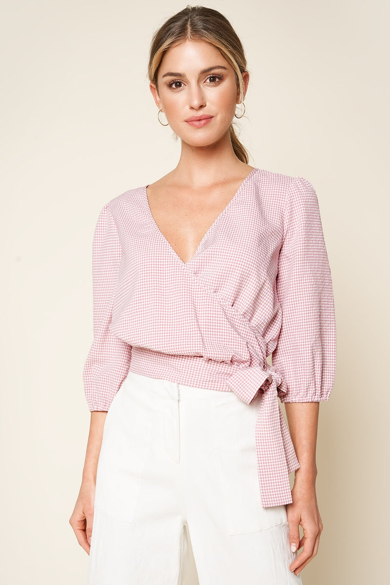 Seersucker Pink Gingham Wrap Top