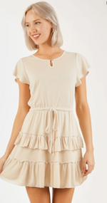 Short sleeve knit drawstring dress with ruffled skirt
