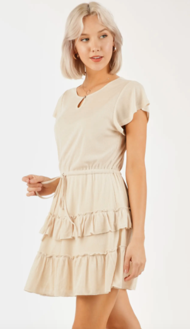 Short sleeve knit drawstring dress with ruffled skirt