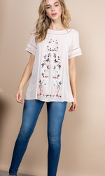 Short-sleeve embroidered linen top