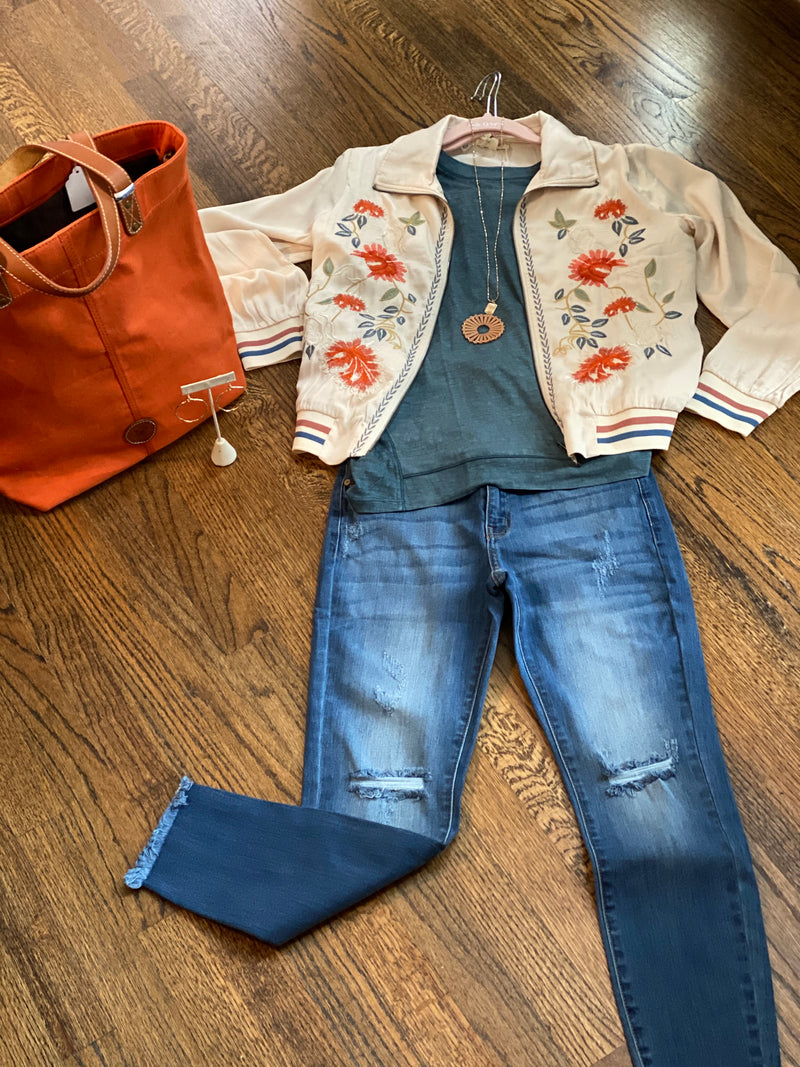 Embroidered Bomber Jacket and Jeans