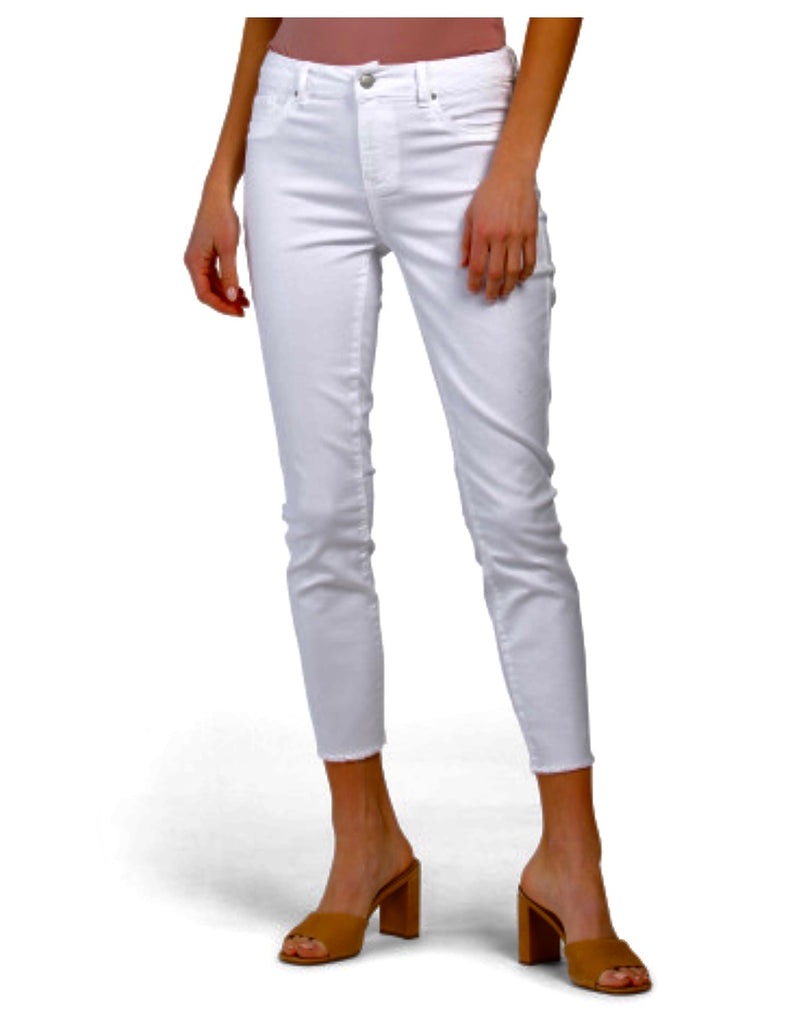 High-Waisted White Ankle Jeans with Frayed Hem Detail