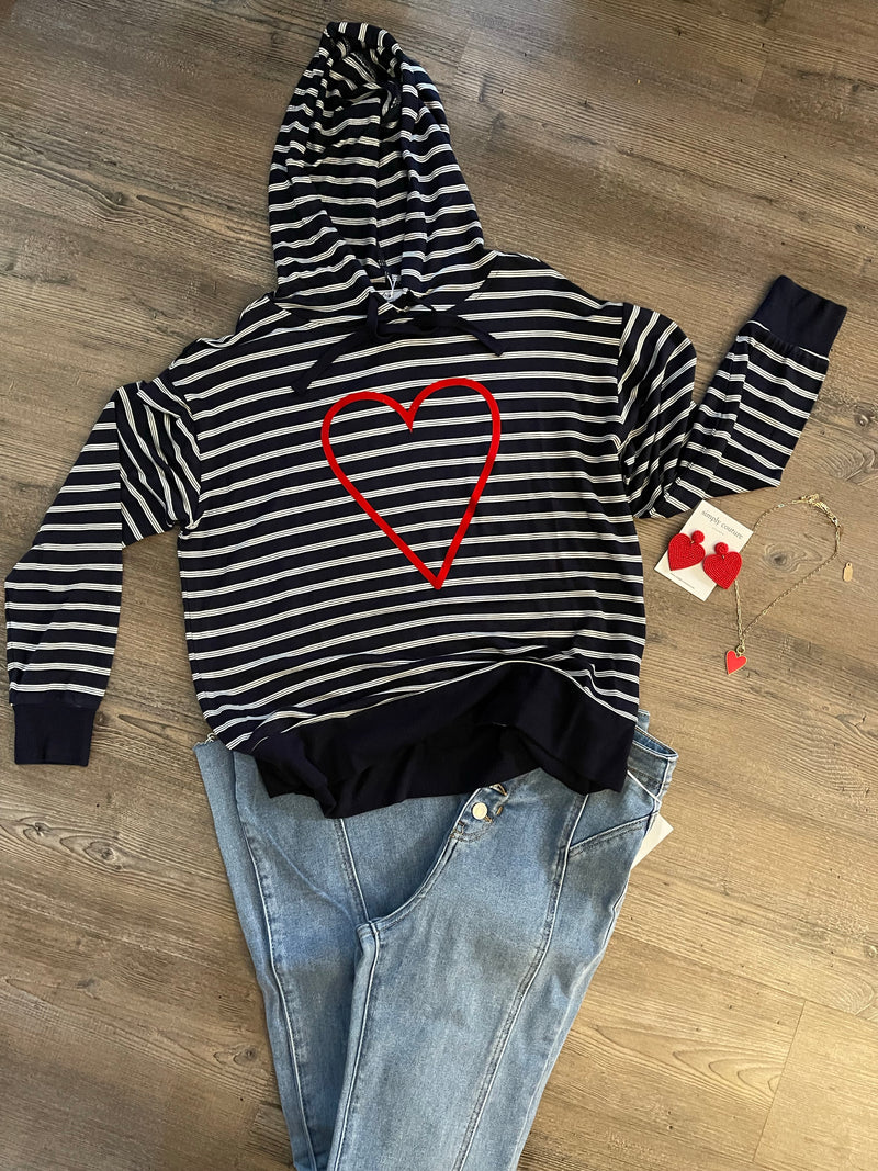 Navy Striped Heart Hoodie