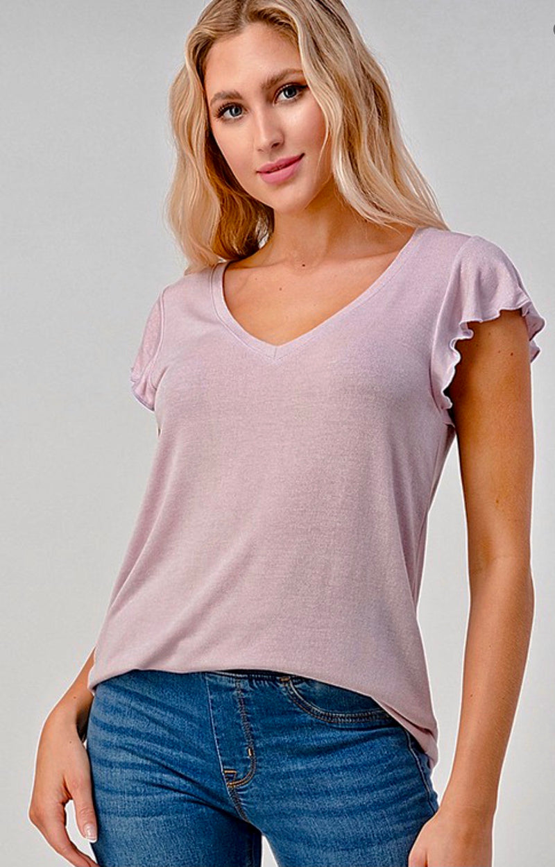 V-neck Lilac Tee with Ruffled Sleeves
