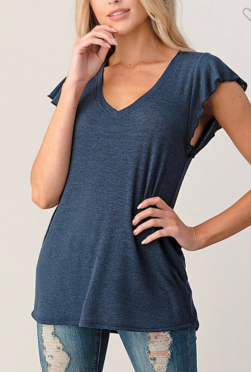 V-neck Ruffled Sleeve Knit Top