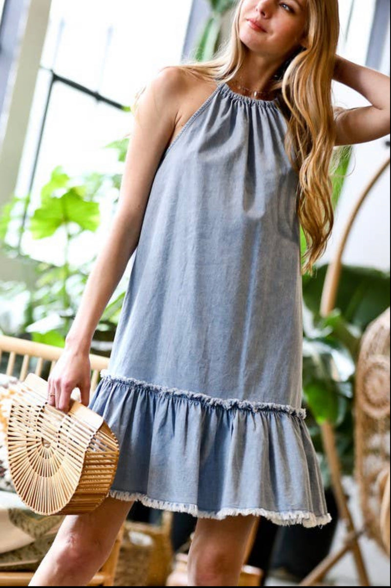 Halter distressed denim dress