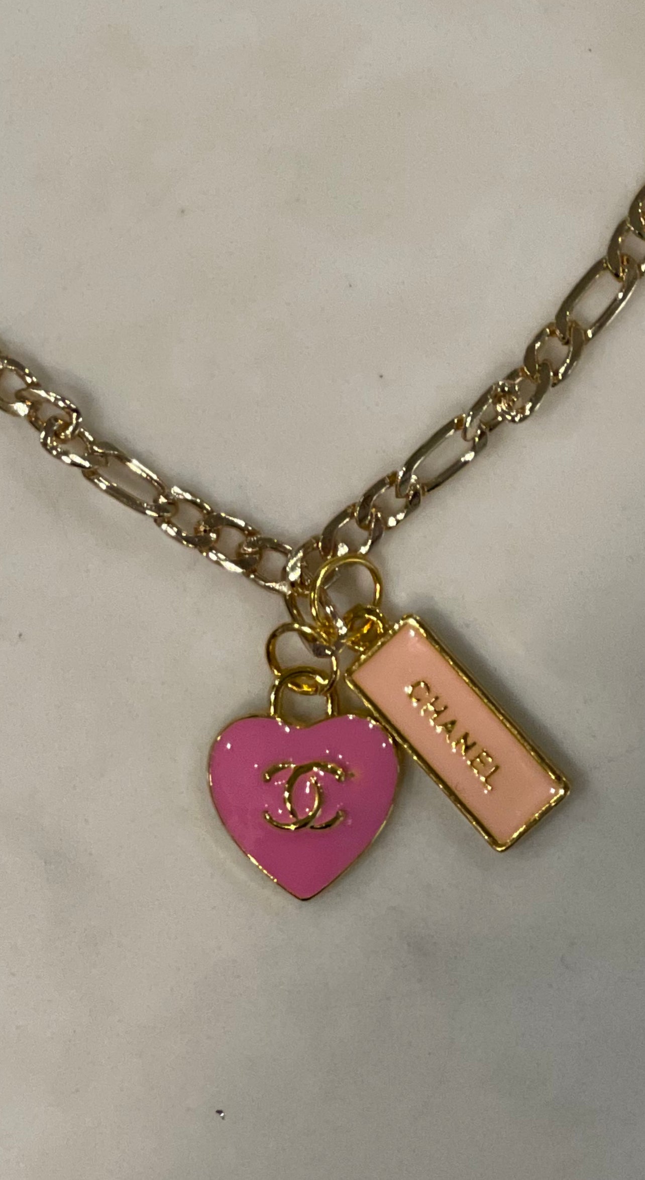 Vintage Chanel Gold Plated Pink Rhinestone CC Heart Pendant Necklace