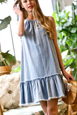 Halter distressed denim dress