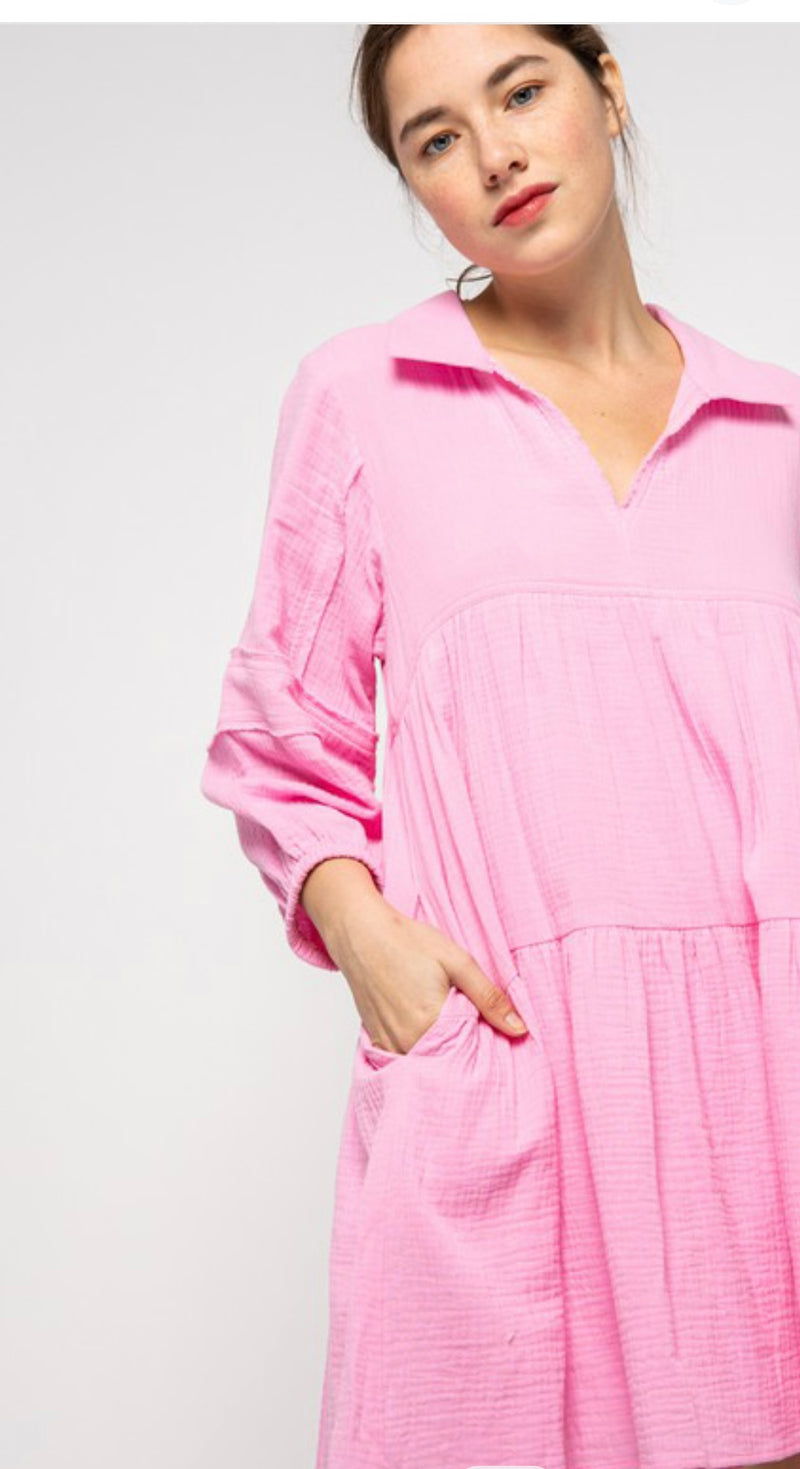 Pink Cotton mini shirt dress