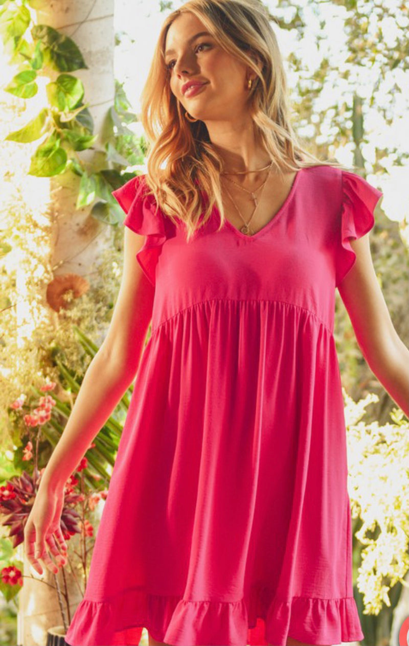 Hot pink v-neck ruffled dress