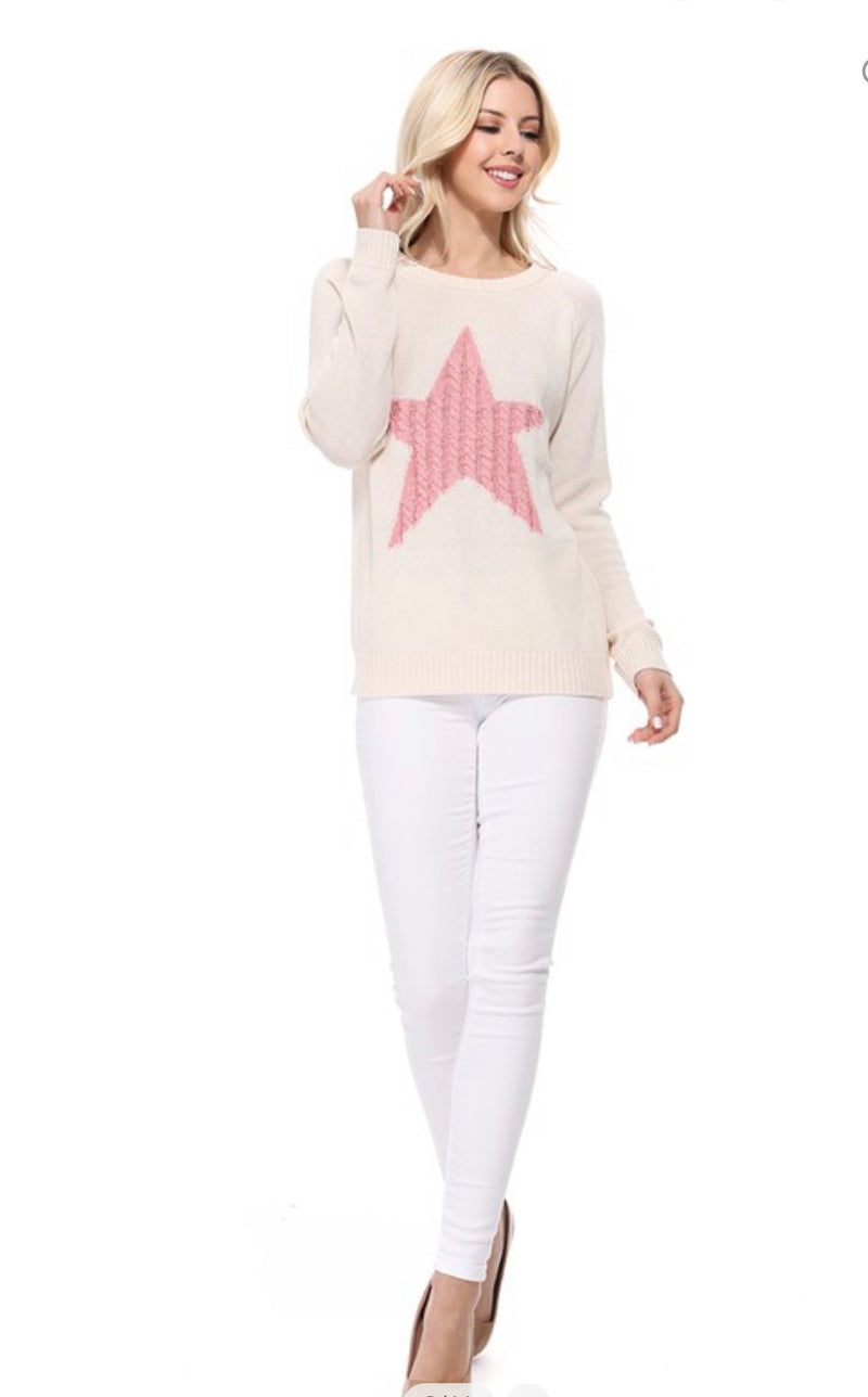 Cream pullover sweater with pink knitted star