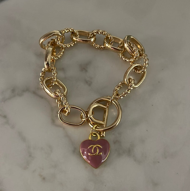 Recycled Vintage pink enamel heart bracelet