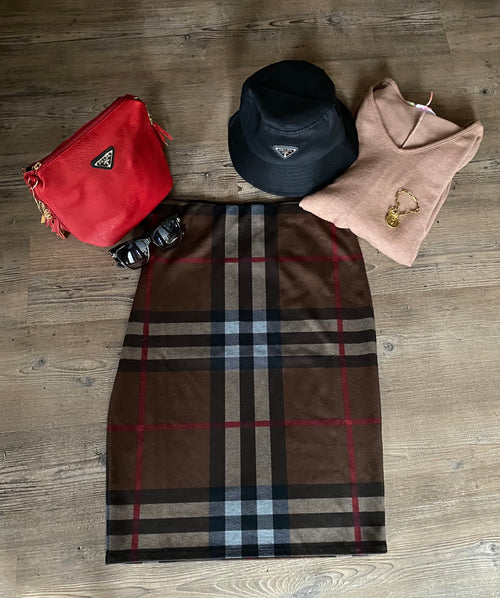 Plaid midi knit skirt