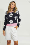 Pink Flower Print Black Sweater