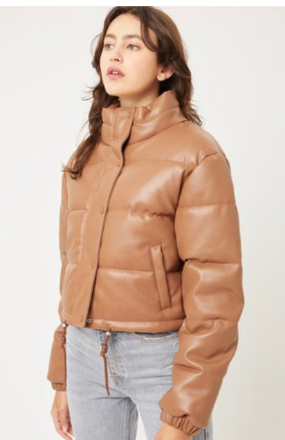 Brown Vegan Leather Puffer Jacket