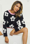 Pink Flower Print Black Sweater