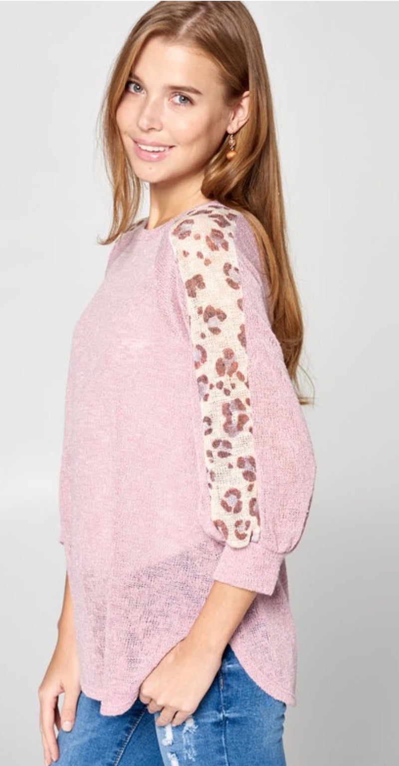 Pink Semi-sheer knit top with cheetah print