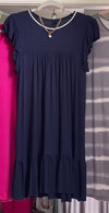 Navy knit dress with ruffled sleeves