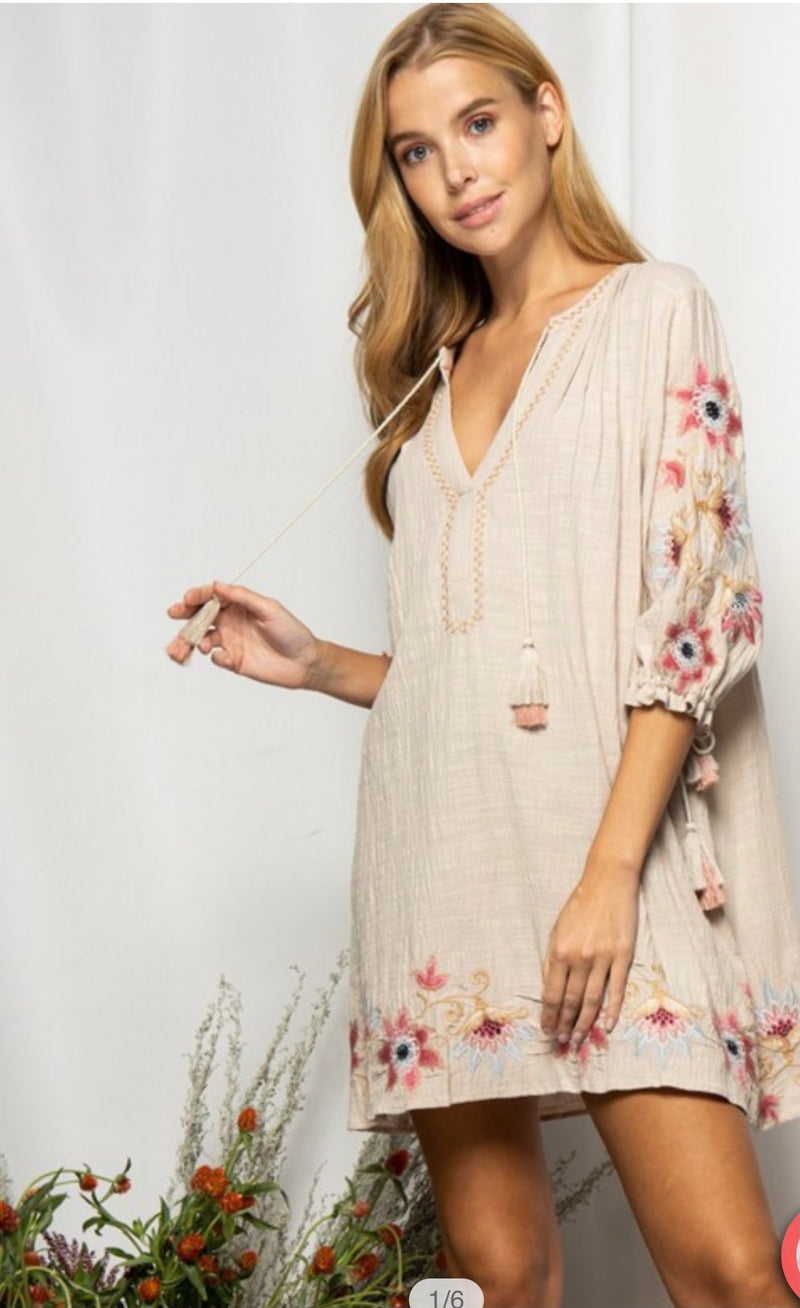 Tan Embroidered Dress with Tassels