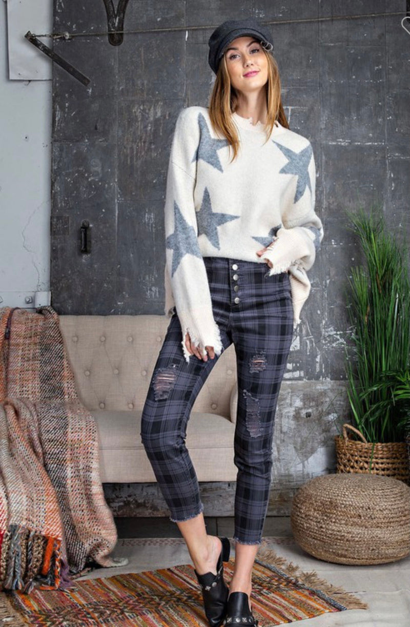 Retro Plaid Twill Skinny Pants