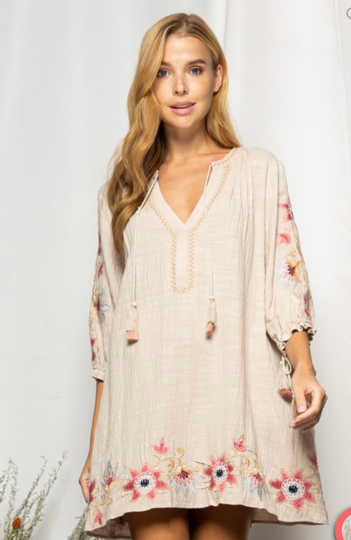 Tan Embroidered Dress with Tassels Small Tan Embroidered Dress with Tassels Small