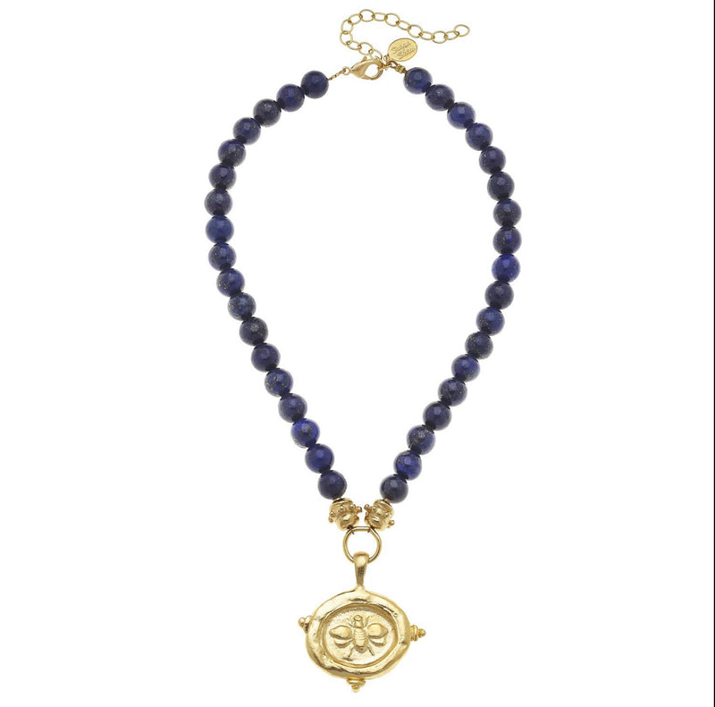 Gold Bee Charm on Genuine Lapis Necklace