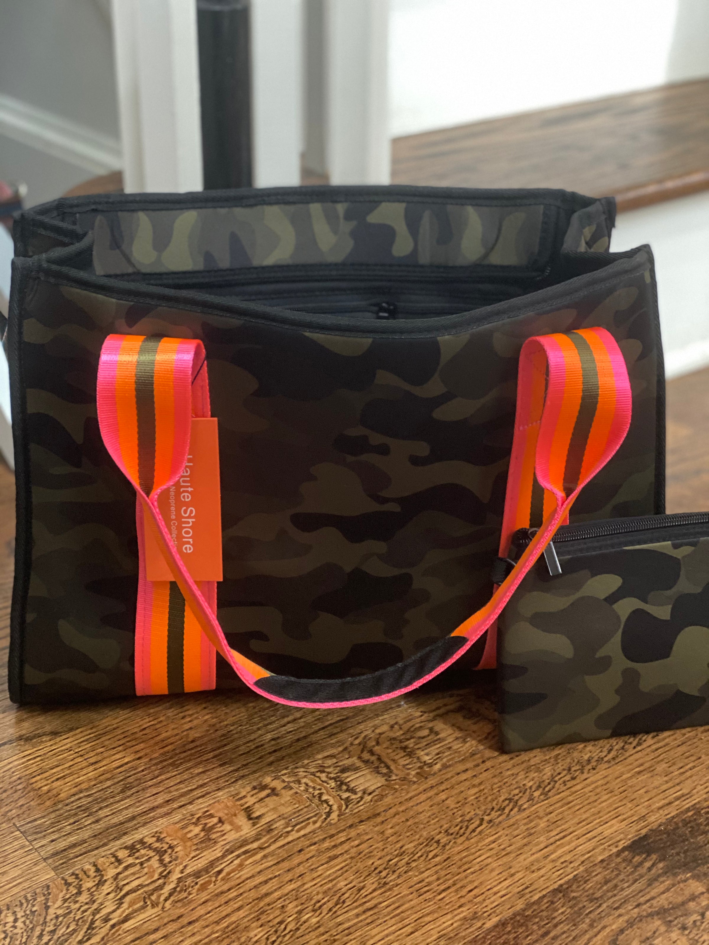 Haute Shore  Neoprene Camo Tote w/ Hot Pink Orange Stripes - Showoff